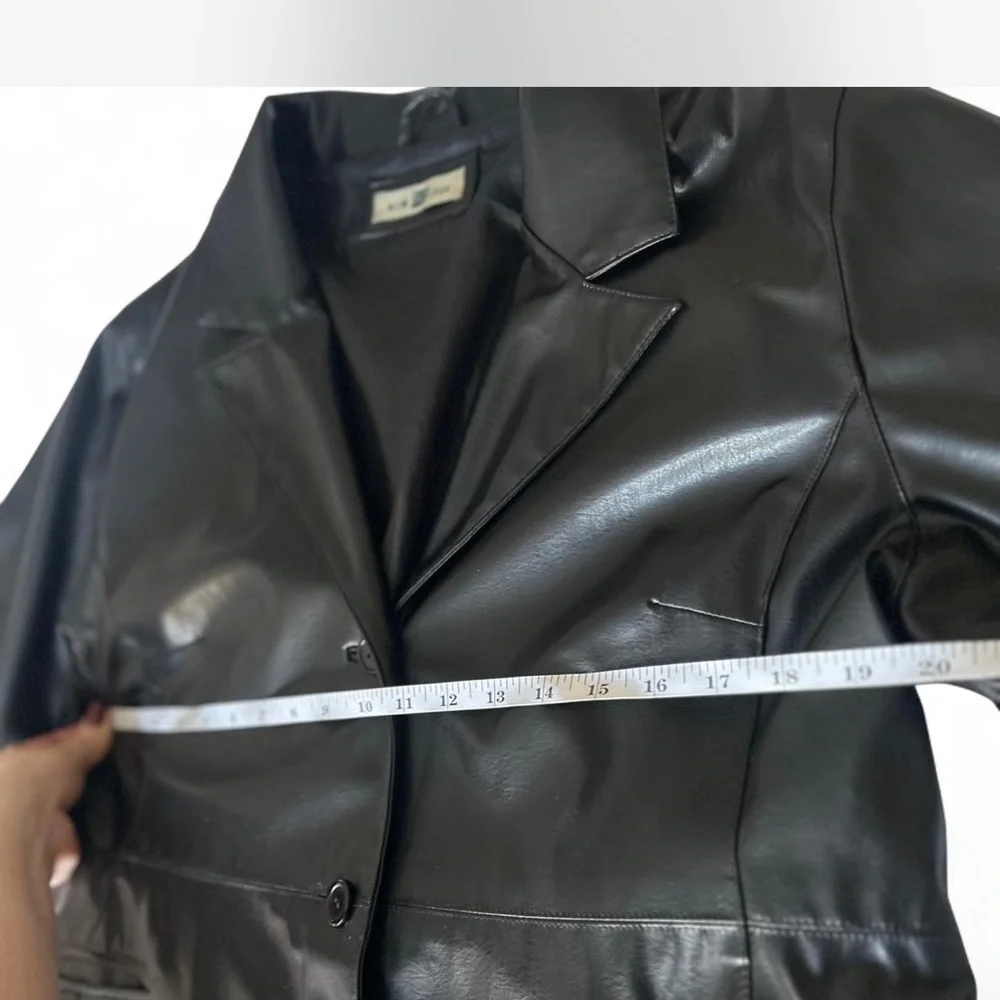 90's Black Faux Leather Long Trench Coat Woman's Large - Picture 6 of 8